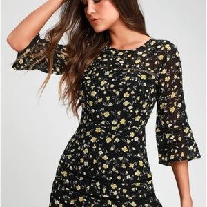 Black Floral Print 3/4 Sleeve Dress